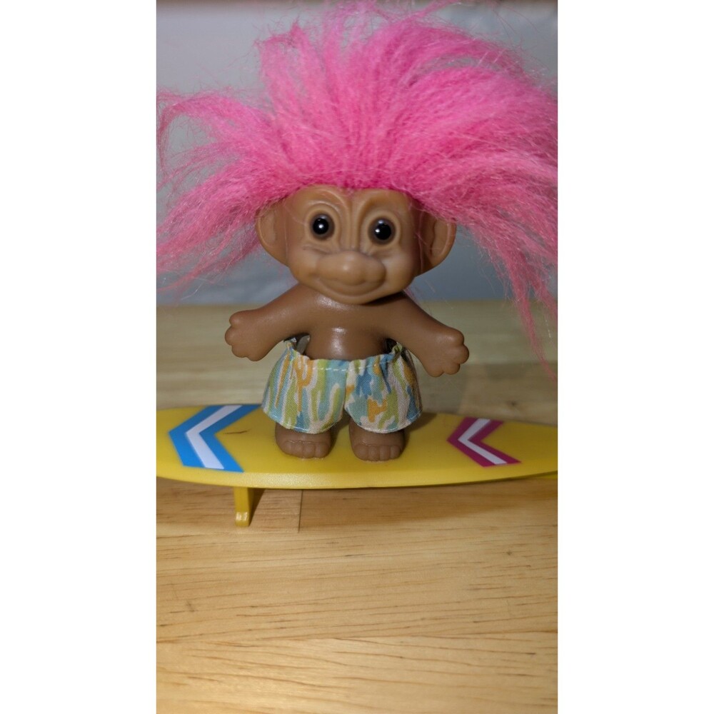 Vintage Russ Tribe Surf Board Troll Doll 3" Pink Hair Brown Eyes Missing Sail